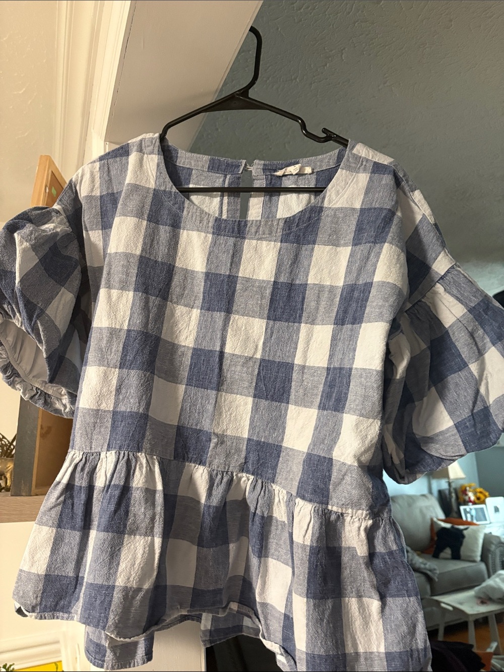 Girls Blue and White Gingham Peplum shirt
